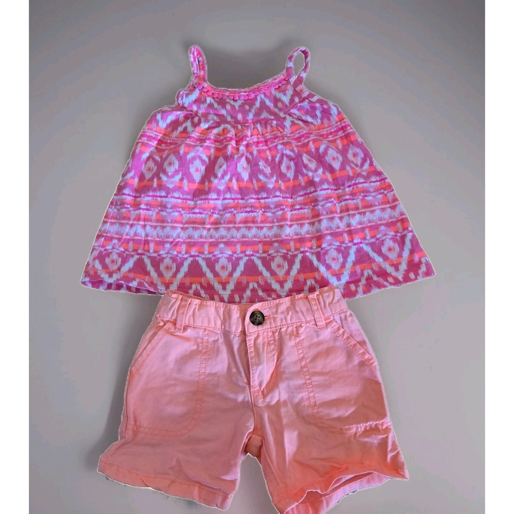Oshkosh/Carters Girls Pink Tank Top Knotted Hi-Low Flower Lace Front‎ Shorts 2T